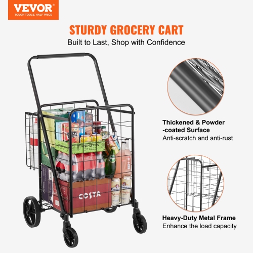 VEVOR 110 LBS Large Capacity Folding Shopping Cart, Jumbo Grocery Cart with Double Baskets, 360° Swivel Wheels, Heavy Duty Utility Cart, Utility Cart