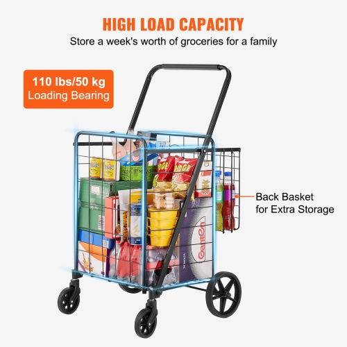 VEVOR 110 LBS Large Capacity Folding Shopping Cart, Jumbo Grocery Cart with Double Baskets, 360° Swivel Wheels, Heavy Duty Utility Cart, Utility Cart