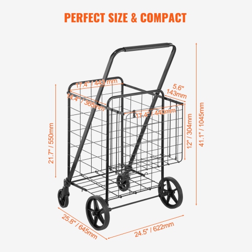 VEVOR 110 LBS Large Capacity Folding Shopping Cart, Jumbo Grocery Cart with Double Baskets, 360° Swivel Wheels, Heavy Duty Utility Cart, Utility Cart
