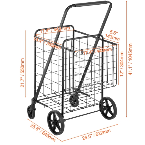 VEVOR 110 LBS Large Capacity Folding Shopping Cart, Jumbo Grocery Cart with Double Baskets, 360° Swivel Wheels, Heavy Duty Utility Cart, Utility Cart
