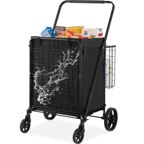 VEVOR 210LBS Large Capacity J Folding Shopping Cart with Removable Waterproof Liner,umbo Grocery Cart with Dual Basket, 360° Swivel Wheels, Dense