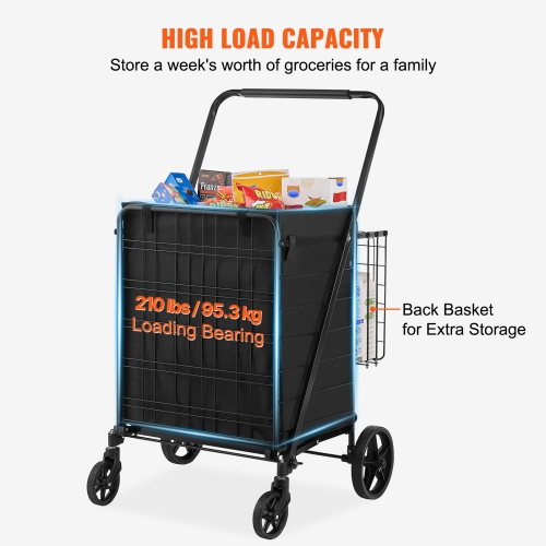 VEVOR 210LBS Large Capacity J Folding Shopping Cart with Removable Waterproof Liner,umbo Grocery Cart with Dual Basket, 360° Swivel Wheels, Dense