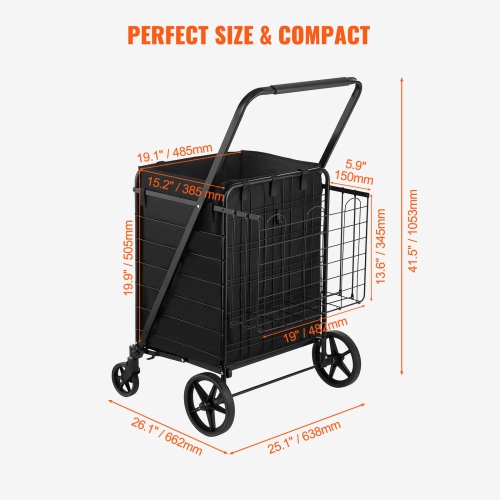 VEVOR 210LBS Large Capacity J Folding Shopping Cart with Removable Waterproof Liner,umbo Grocery Cart with Dual Basket, 360° Swivel Wheels, Dense