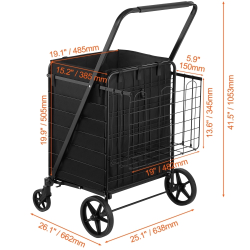 VEVOR 210LBS Large Capacity J Folding Shopping Cart with Removable Waterproof Liner,umbo Grocery Cart with Dual Basket, 360° Swivel Wheels, Dense