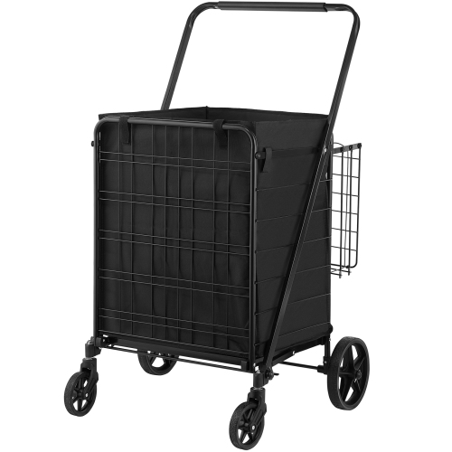 VEVOR 210LBS Large Capacity J Folding Shopping Cart with Removable Waterproof Liner,umbo Grocery Cart with Dual Basket, 360° Swivel Wheels, Dense