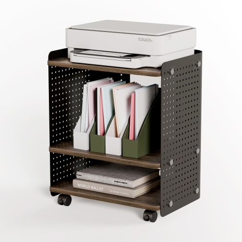 FENGE Printer Stand, 3 Tier Under Desk Printer Stand with Adjustable Shelf, 22x18 Inch Mobile Printer Shelf with Wheels, Printer Cart with Pegboard
