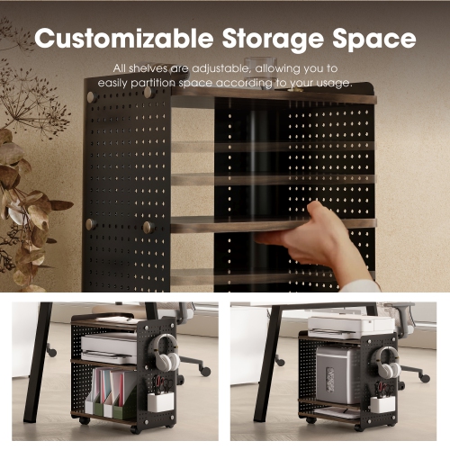 FENGE Printer Stand, 3 Tier Under Desk Printer Stand with Adjustable Shelf, 22x18 Inch Mobile Printer Shelf with Wheels, Printer Cart with Pegboard