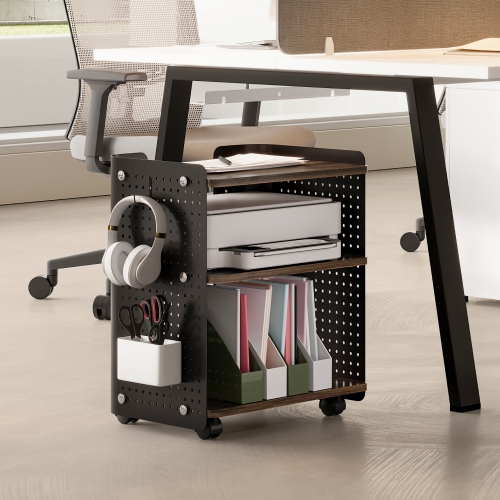 FENGE Printer Stand, 3 Tier Under Desk Printer Stand with Adjustable Shelf, 22x18 Inch Mobile Printer Shelf with Wheels, Printer Cart with Pegboard