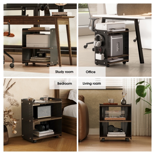 FENGE Printer Stand, 3 Tier Under Desk Printer Stand with Adjustable Shelf, 22x18 Inch Mobile Printer Shelf with Wheels, Printer Cart with Pegboard