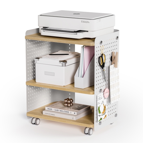FENGE Printer Stand, 3 Tier Under Desk Printer Stand with Adjustable Shelf, 22x18 Inch Mobile Printer Shelf with Wheels, Printer Cart with Pegboard