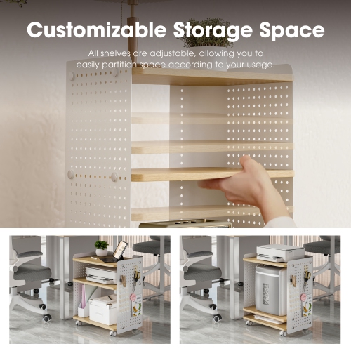 FENGE Printer Stand, 3 Tier Under Desk Printer Stand with Adjustable Shelf, 22x18 Inch Mobile Printer Shelf with Wheels, Printer Cart with Pegboard