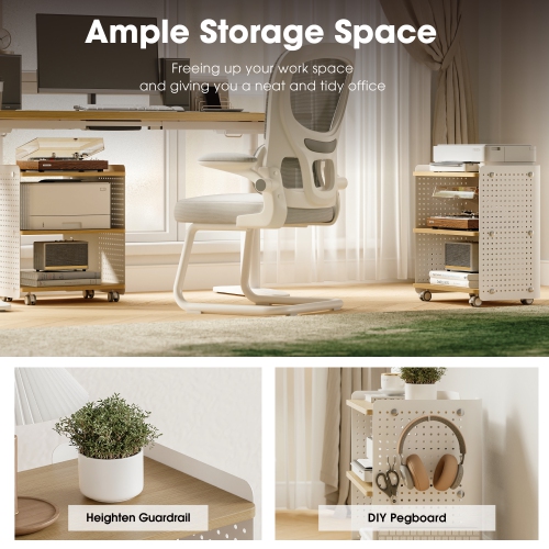 FENGE Printer Stand, 3 Tier Under Desk Printer Stand with Adjustable Shelf, 22x18 Inch Mobile Printer Shelf with Wheels, Printer Cart with Pegboard