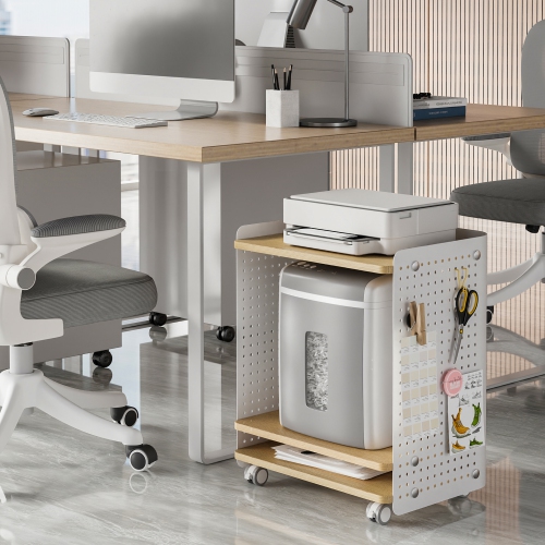 FENGE Printer Stand, 3 Tier Under Desk Printer Stand with Adjustable Shelf, 22x18 Inch Mobile Printer Shelf with Wheels, Printer Cart with Pegboard