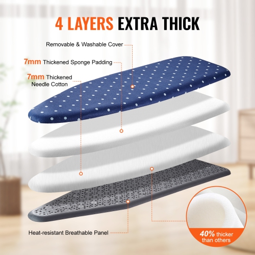VEVOR 4 Thickened Ironing Board with Bottom Storage Tray, Layers Iron Board with Heat Resistant Cover and 100% Cotton Cover, 10 Adjustable Heights