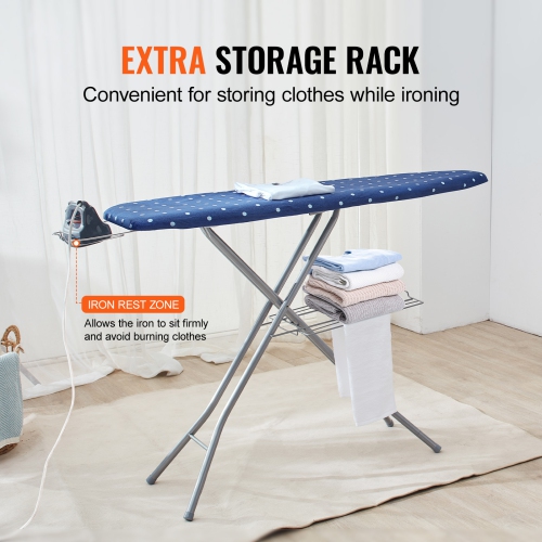 VEVOR 4 Thickened Ironing Board with Bottom Storage Tray, Layers Iron Board with Heat Resistant Cover and 100% Cotton Cover, 10 Adjustable Heights