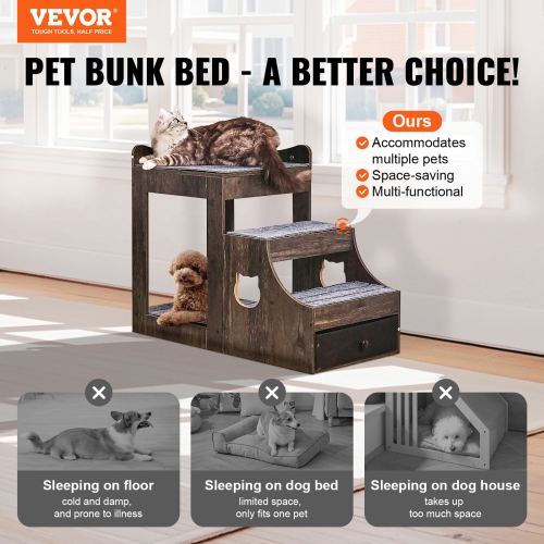 VEVOR Pet Bunk Bed with Removable Stairs, Dog/Cat Window Perch with Storage, Multi-Level Bed Window Perch Dog Bedside Sleeper Couch, Small Pet Seat