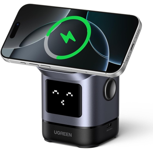 Image 1 de 7.. Support de chargement sans fil 15&nbsp;W certifié Qi2 UGREEN, station de chargement rapide 2-en-1 pour iPhone 16/15/14, AirPods