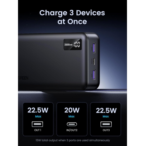 UGREEN 20000mAh Power Bank with 3 Ports, 22.5W Portable USB-C Charger, PD 3.0 Fast Charging for iPhone, Galaxy, Pixel, iPad