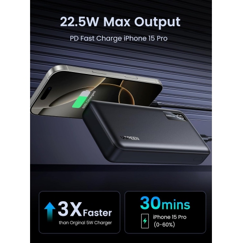 UGREEN 20000mAh Power Bank with 3 Ports, 22.5W Portable USB-C Charger, PD 3.0 Fast Charging for iPhone, Galaxy, Pixel, iPad