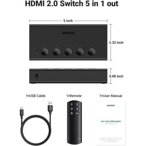 UGREEN HDMI 5-Port Switcher 4K@60Hz with IR Remote and Manual Selector, HDR, Dolby Vision, Atmos, CEC, HDCP2.2, Compatible with PS5, Xbox, Switch,