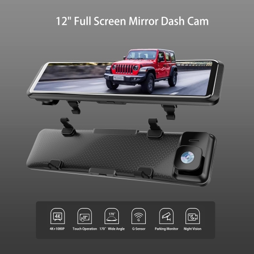 4K Rearview Mirror Camera, 12 Inch Dash Cam, FHD Full Touch Screen Built-in WiFi and GPS Car Dash Cam Camera