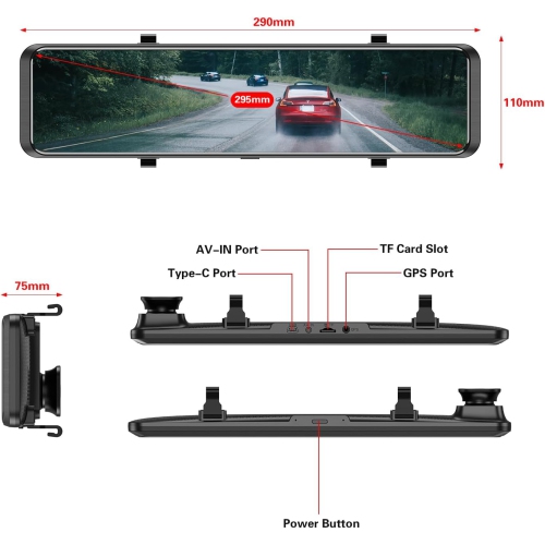 4K Rearview Mirror Camera, 12 Inch Dash Cam, FHD Full Touch Screen Built-in WiFi and GPS Car Dash Cam Camera