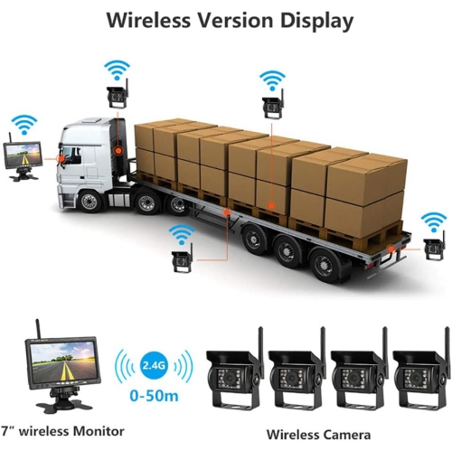 Backup Camera System Kit, 7" Wireless Car Monitor Backup Camera System Rearview Screen 4 Rear View Cameras IR Night Vision Waterproof for Bus TruckC