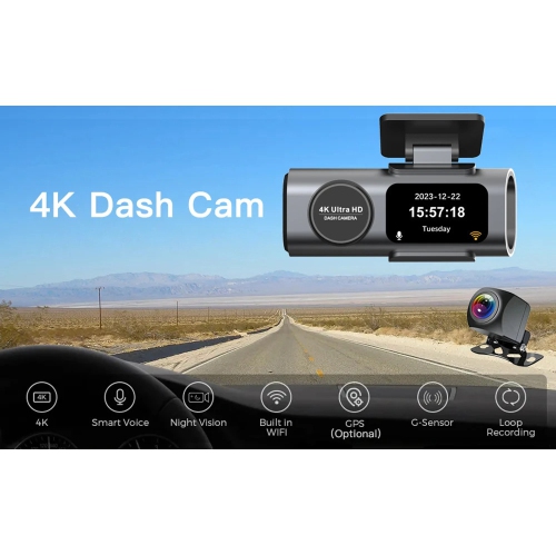 Deux caméras de tableau de bord 4K Wi-Fi, mini caméra avant et arrière pour l'auto avec vision nocturne, grand-angle, WDR, enregistrement en boucle,
