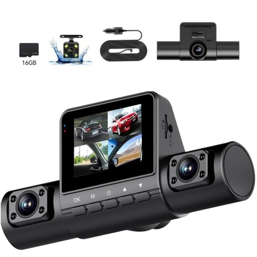 GREEN SCENIC  2.0-Inch 3-Way Quad-Lens Dash Cam - 1080P HD Recording, Parking Assist, G-Sensor, Loop Recording, 2-Inch Screen, Infrared Night Vision