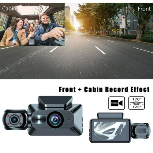 Dual-lens dashcam - 1080P front-facing & 480P internal, G-sensor, parking monitoring, WiFi, loop recording, 3.0" IPS display, night vision and fill