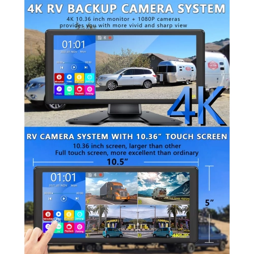 10.36" IPS Quad Monitor DVR Screen 4 Backup Camera BL For Truck Trailer Bus RV