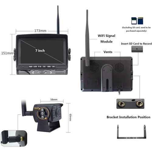 Digital Wireless Parking Assist System, 7 Inch Monitor with Built-in DVR Recorder, IP68 Waterproof Infrared Night Vision Backup Camera, 12V-24V, for