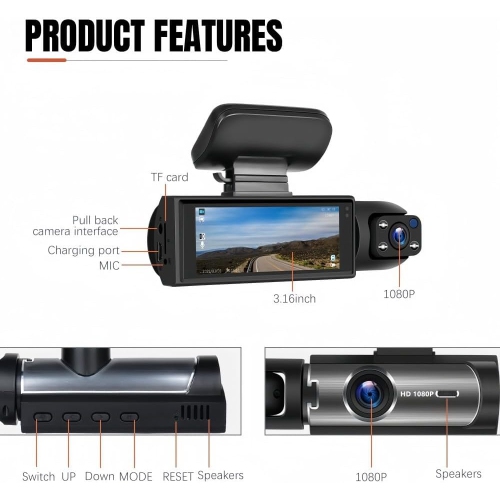 Caméra de tableau de bord pour l'auto, vision nocturne HD 1080p, enregistrement en boucle, double caméra pour caméras avant et intérieures