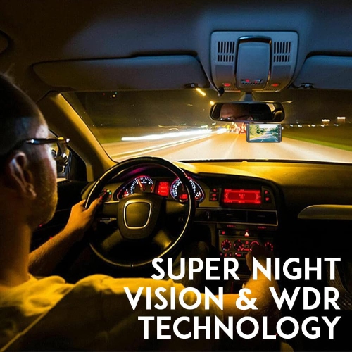 Dual-lens dashcam with a 4.0-inch touchscreen and night vision, HD backup camera, front and rear dual recording, collision sensing, and motion