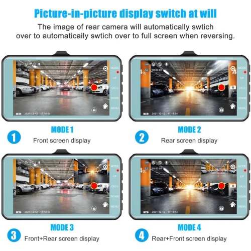 Dual-lens dashcam with a 4.0-inch touchscreen and night vision, HD backup camera, front and rear dual recording, collision sensing, and motion