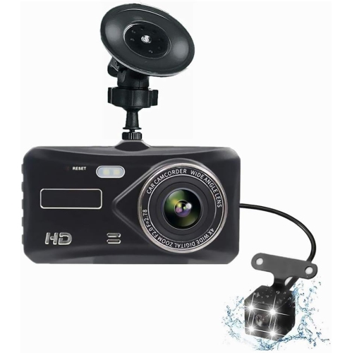 Dual-lens dashcam with a 4.0-inch touchscreen and night vision, HD backup camera, front and rear dual recording, collision sensing, and motion