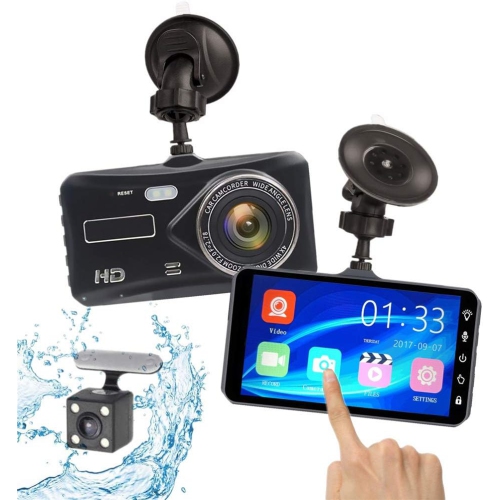 Dual-lens dashcam with a 4.0-inch touchscreen and night vision, HD backup camera, front and rear dual recording, collision sensing, and motion