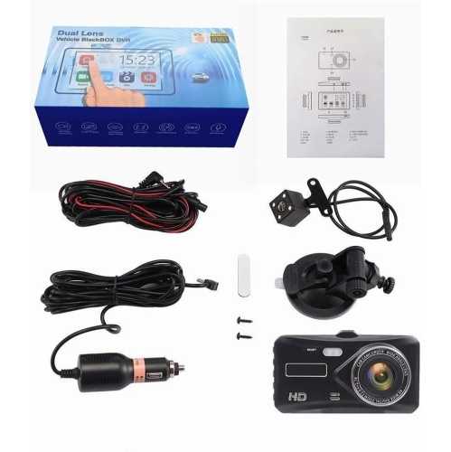 Dual-lens dashcam with a 4.0-inch touchscreen and night vision, HD backup camera, front and rear dual recording, collision sensing, and motion