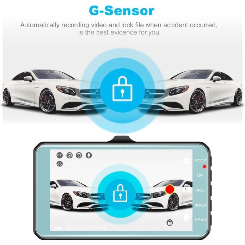 Dual-lens dashcam with a 4.0-inch touchscreen and night vision, HD backup camera, front and rear dual recording, collision sensing, and motion