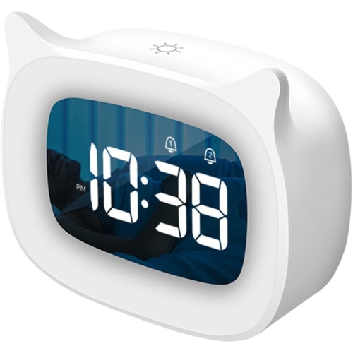 Kids Alarm Clock with Night Light and 18 Ringtones, Rechargeable, Cute Cat Ear Clock, Great Birthday Gift for Boys and Girls, Digital Clock for Kids
