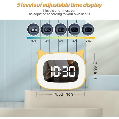 Kids Alarm Clock with Night Light and 18 Ringtones, Rechargeable, Cute Cat Ear Clock, Perfect for Boys and Girls Birthday Gift, Digital Clock for