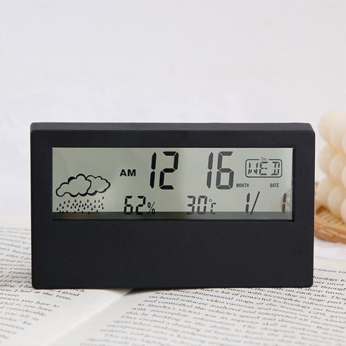 Digital alarm clock with transparent LCD screen, weather display, temperature and humidity screen, snooze alarm clock, electronic time management