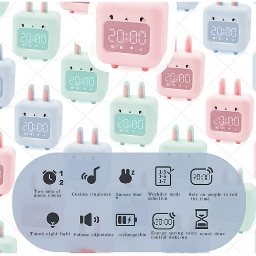 Children's Alarm Clock, Digital Night Light Voice-Controlled Ringtones White Noise Customizable Ringtones Cute Rabbit Alarm Clock with USB for Boys