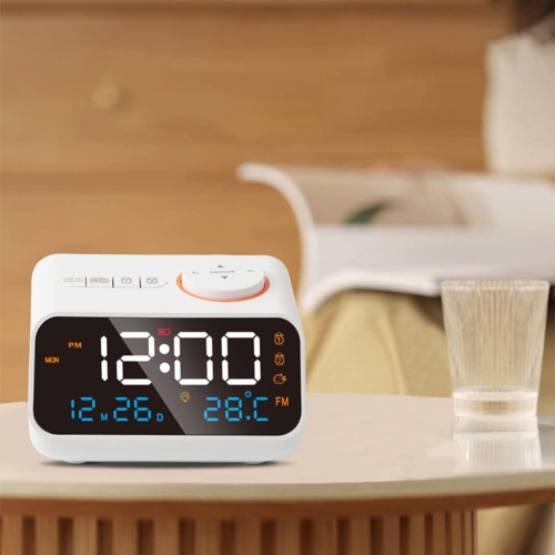 Digital Radio Alarm Clock, LED Digital Alarm Clock with FM Radio, Dimmable Rechargeable Temperature and Hygrometer with Snooze Function for Bedroom