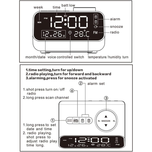 Digital Radio Alarm Clock, LED Digital Alarm Clock with FM Radio, Dimmable Rechargeable Temperature and Hygrometer with Snooze Function for Bedroom