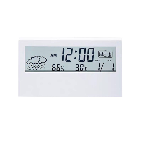 Digital alarm clock with transparent LCD screen, weather display, temperature and humidity screen, snooze alarm clock, electronic time management