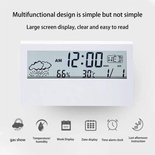 Digital alarm clock with transparent LCD screen, weather display, temperature and humidity screen, snooze alarm clock, electronic time management