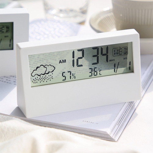 Digital alarm clock with transparent LCD screen, weather display, temperature and humidity screen, snooze alarm clock, electronic time management