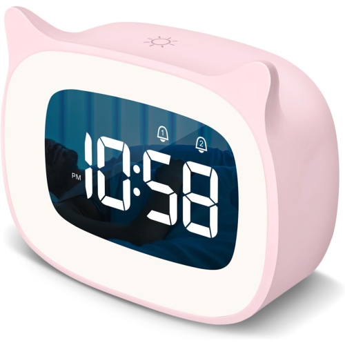 Kids Alarm Clock with Night Light and 18 Ringtones, Rechargeable, Cute Cat Ear Clock, Perfect for Boys and Girls Birthday Gift, Digital Clock for