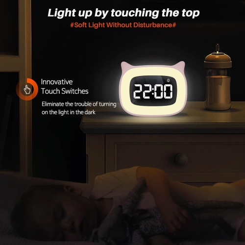 Kids Alarm Clock with Night Light and 18 Ringtones, Rechargeable, Cute Cat Ear Clock, Perfect for Boys and Girls Birthday Gift, Digital Clock for